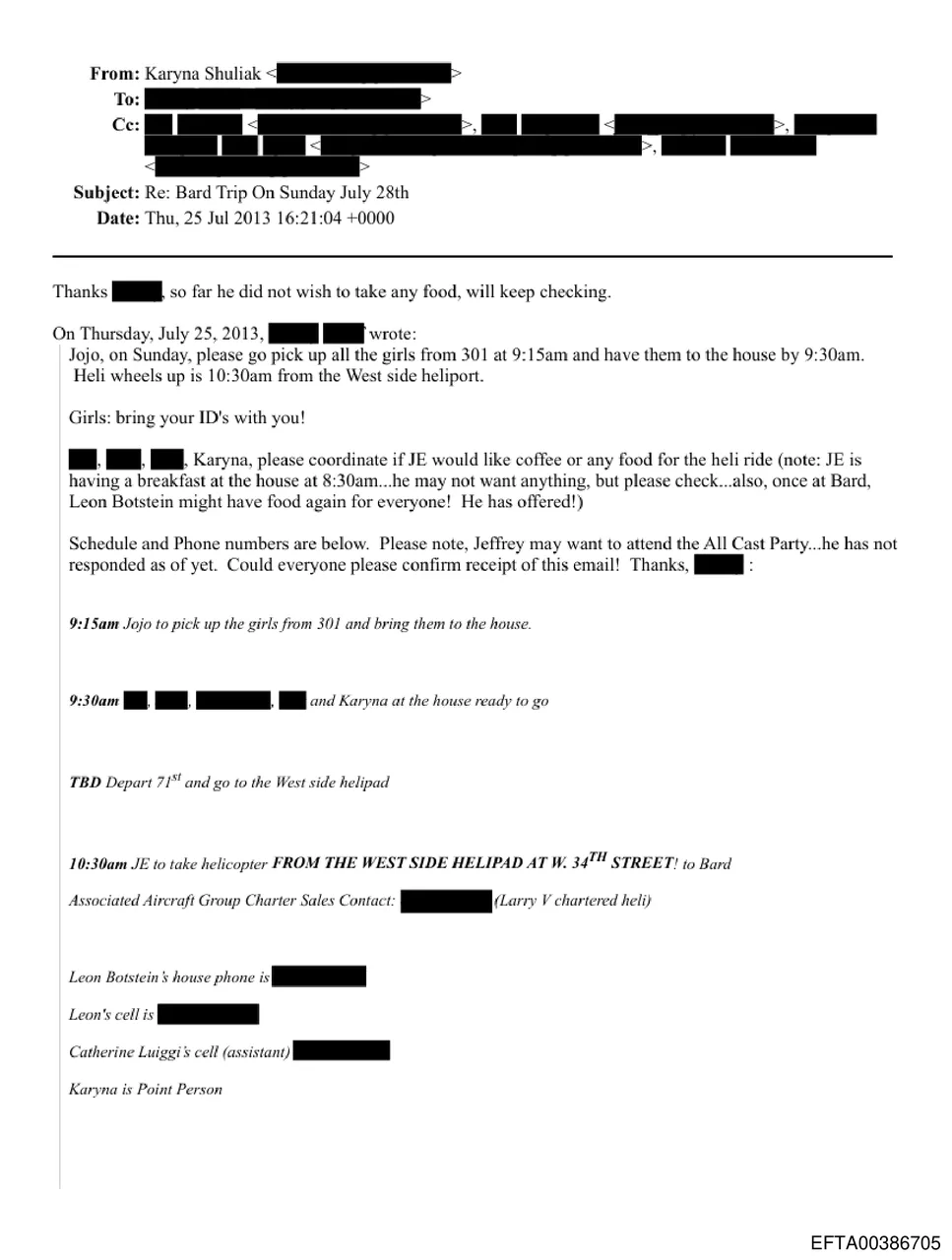 Bard logistics email stating Karyna is Point Person and instructing pickup of girls from 301