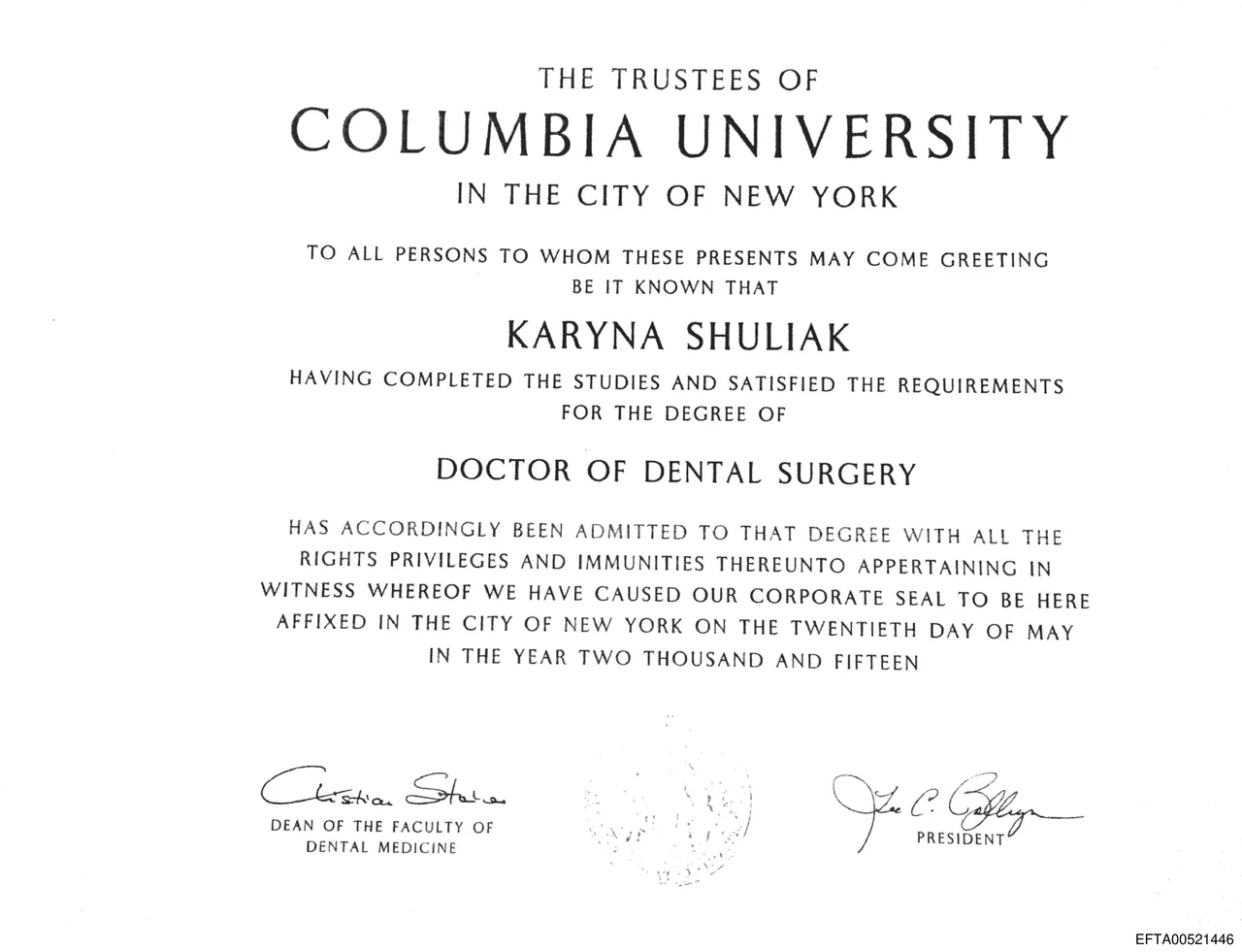 Columbia University diploma for Karyna Shuliak