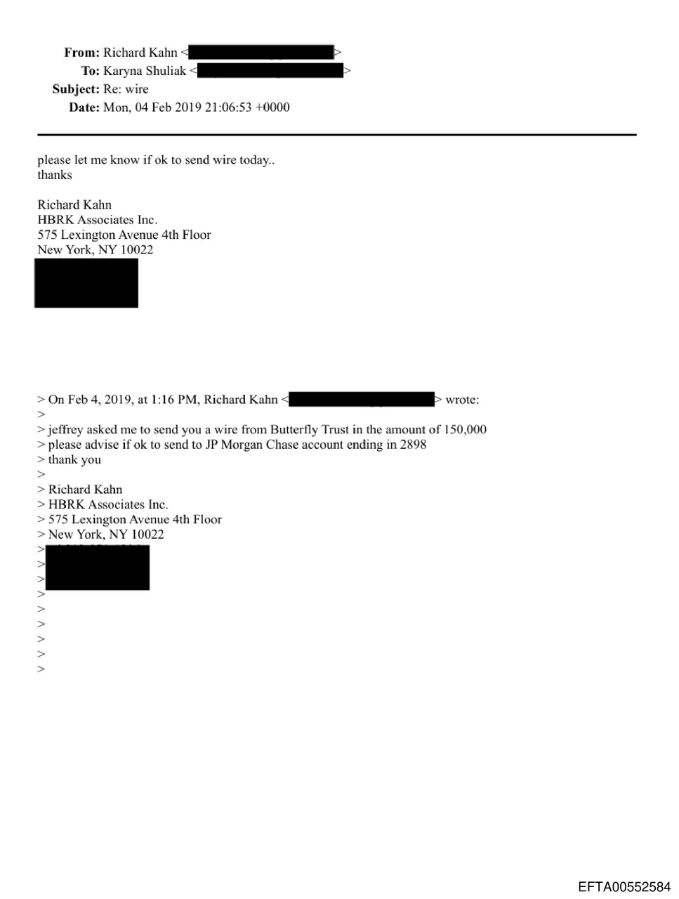 Email requesting $150,000 wire from Butterfly Trust to Karyna Shuliak account