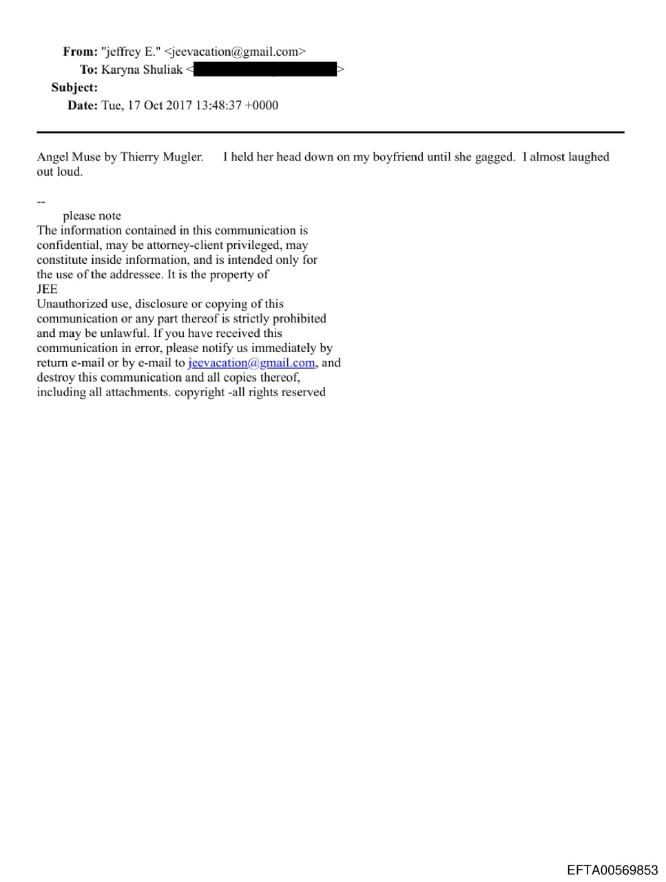 Email excerpt describing forced gagging sent to Karyna Shuliak