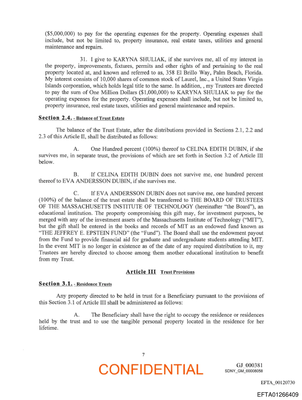 Trust clause transferring 358 El Brillo Way to Shuliak