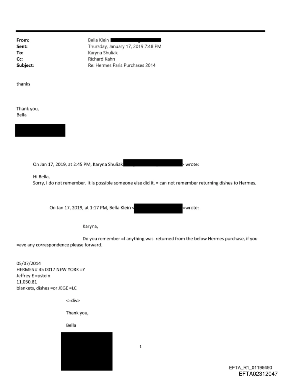 Hermes purchase follow-up email involving Karyna Shuliak and Richard Kahn