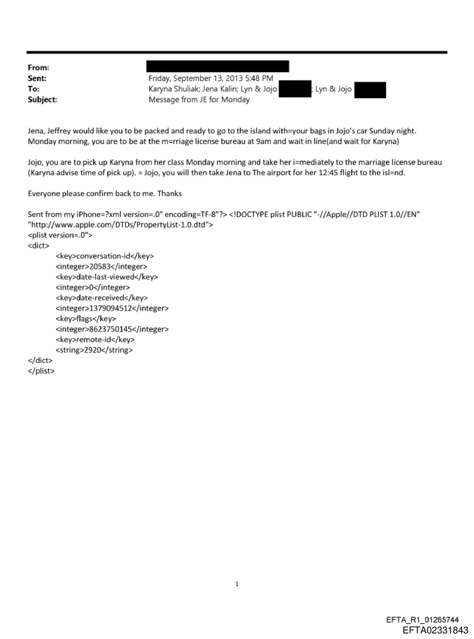 Email from September 2013 directing marriage license bureau attendance and island travel for Jena Kalin