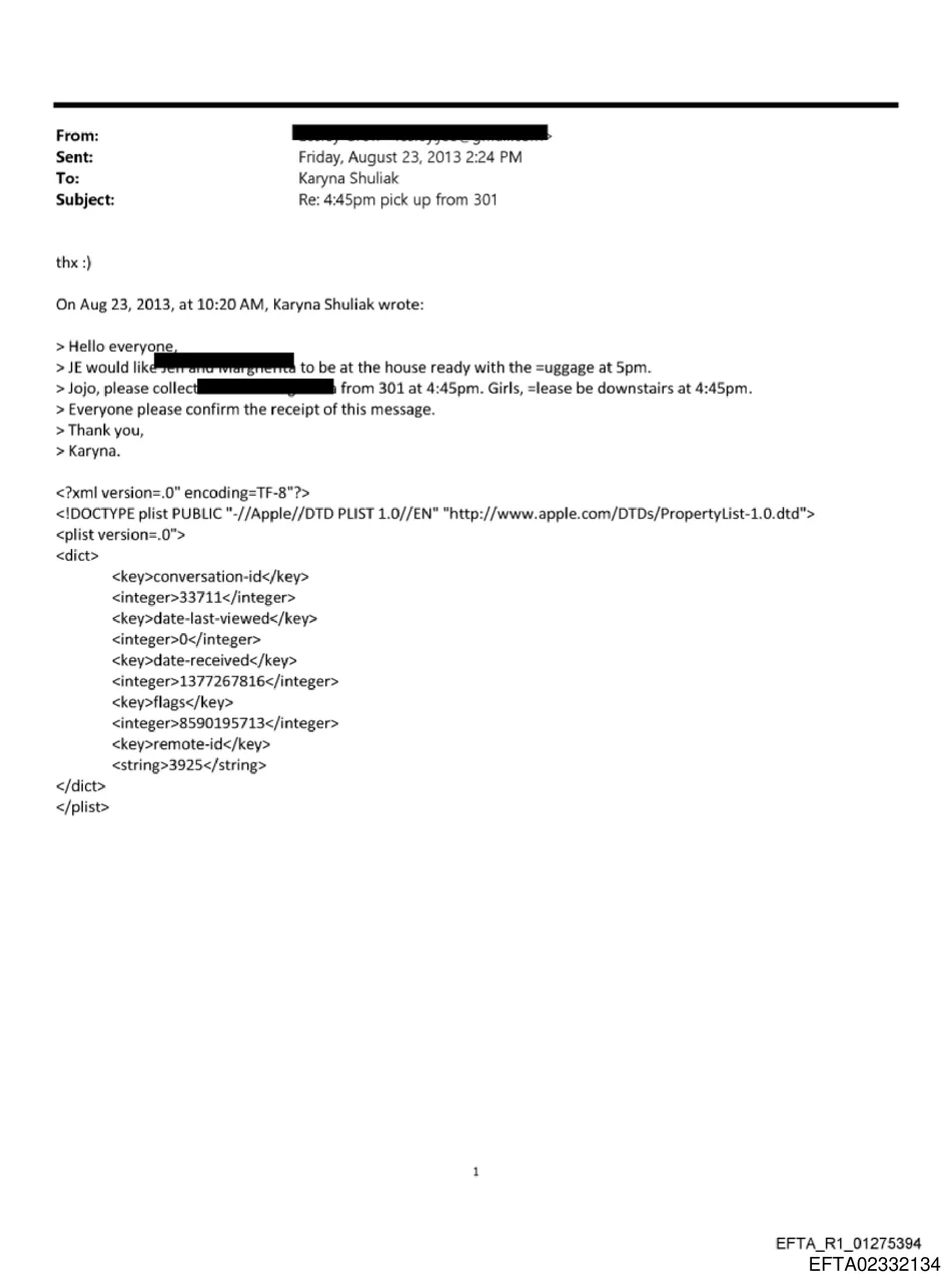 Email from Karyna Shuliak directing girls to be downstairs at 4:45pm and Jojo to collect from 301