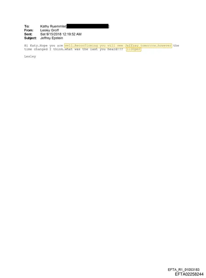 September 15, 2018 email from Lesley Groff to Kathryn Ruemmler reconfirming a Jeffrey Epstein meeting the next day at 1:30 p.m.