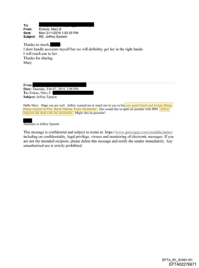 February 2019 email asking JPMorgan's Mary Erdoes to personally help Kathryn Ruemmler open an account