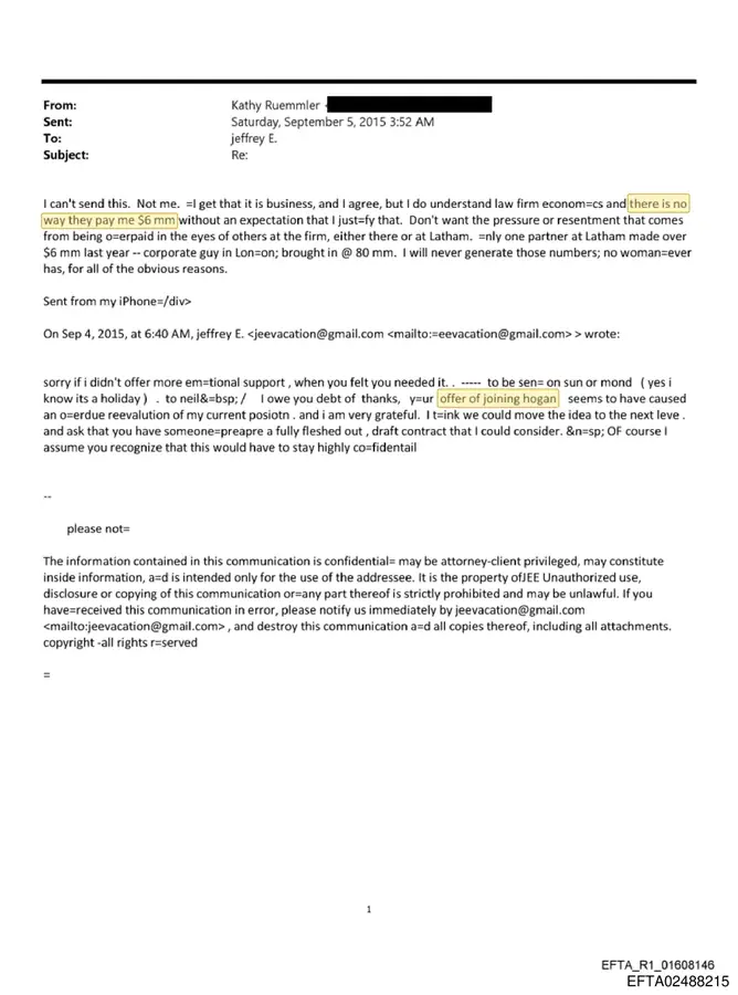 September 5, 2015 email from Kathryn Ruemmler discussing Hogan and a $6 million compensation figure