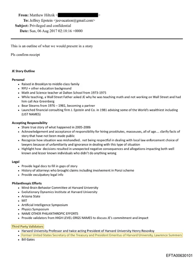 August 2017 Matthew Hiltzik memo outlining a Jeffrey Epstein story strategy and third-party validators