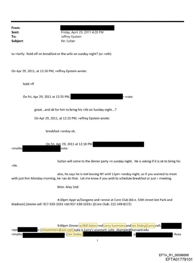 April 29, 2011 schedule placing Larry Summers in dinner planning with Bill Gates and Jes Staley