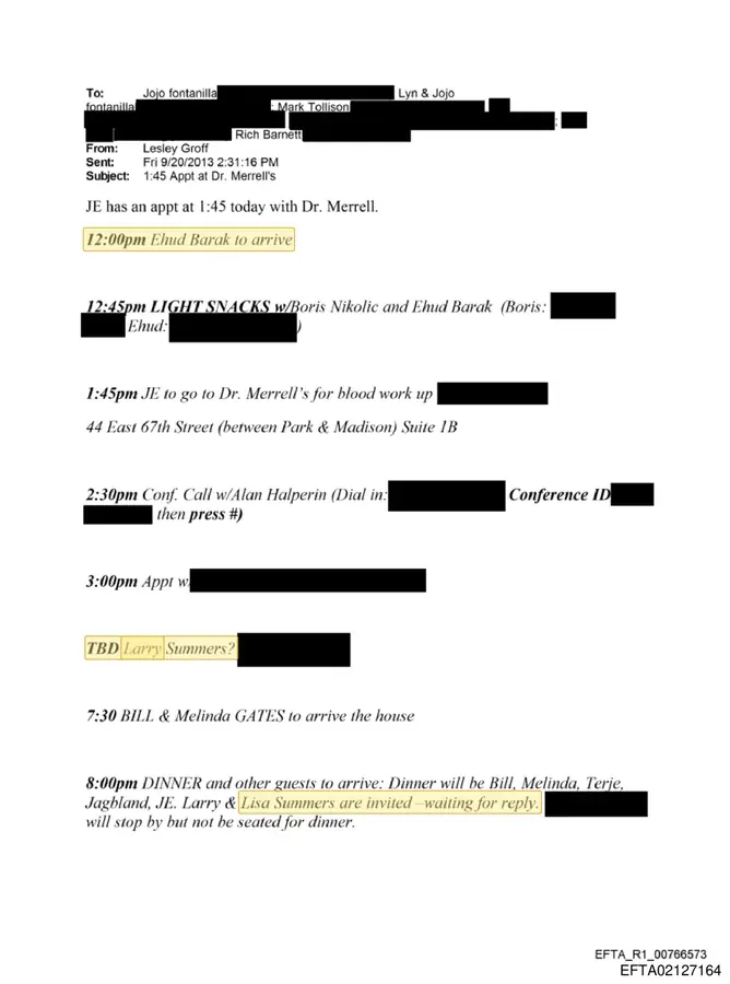 September 20, 2013 Epstein schedule listing Bill and Melinda Gates, Ehud Barak, and a Larry Summers invitation
