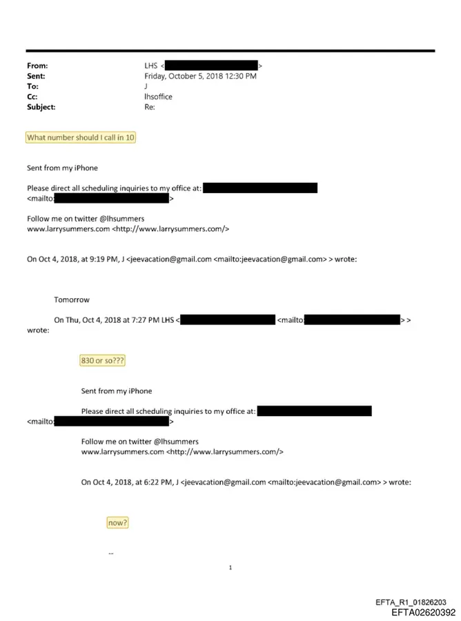 October 2018 email chain between Jeffrey Epstein and a Larry Summers-linked account about when to call