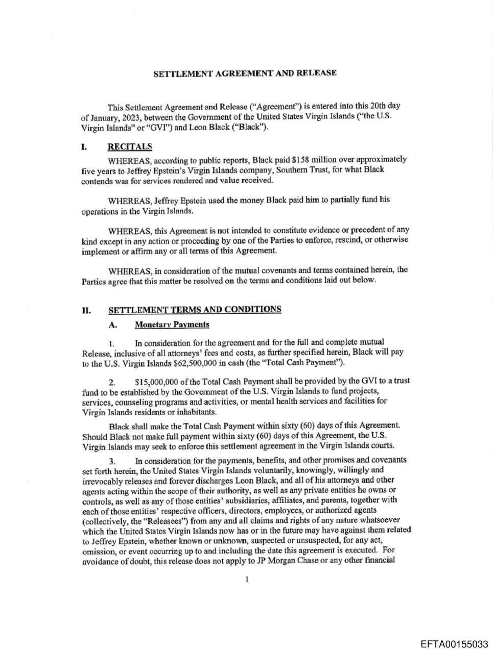 Settlement Agreement between Leon Black and the U.S. Virgin Islands showing $158 million in payments to Epstein's company Southern Trust