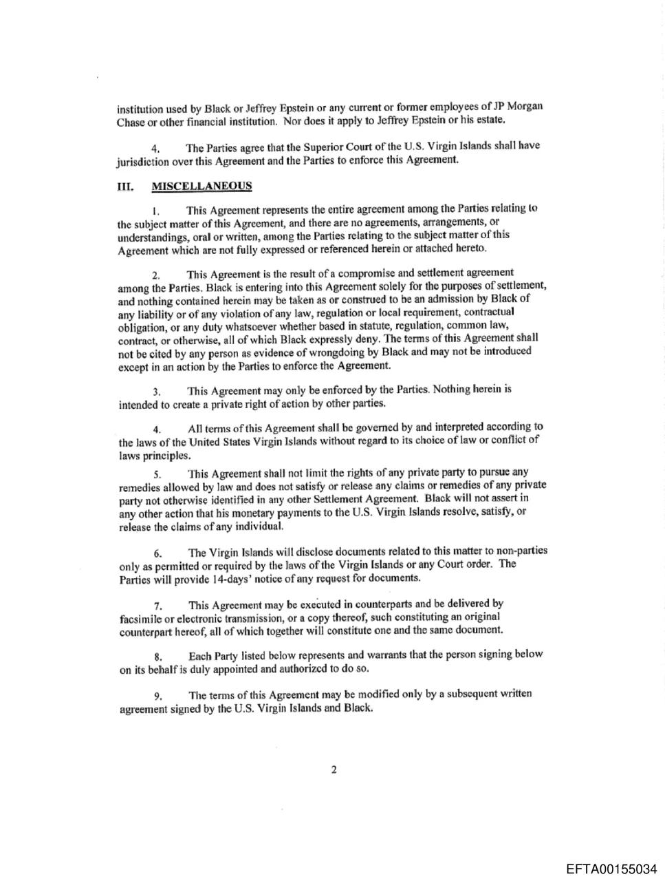 Page 2 of the USVI settlement agreement detailing mutual release terms between Leon Black and the government