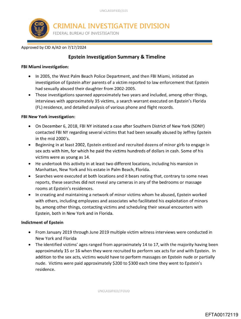 FBI Criminal Investigation Division summary document detailing the Epstein investigation timeline