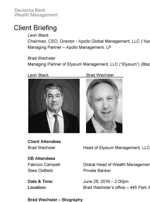 Deutsche Bank client briefing page showing Leon Black's name and portrait