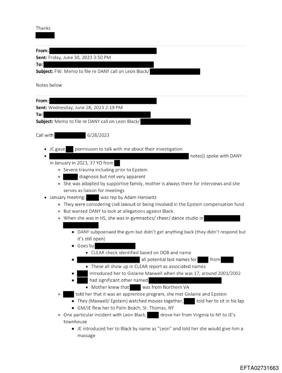 Internal DOJ memo detailing second victim's testimony about Leon Black's violent sexual assault at Epstein's townhouse