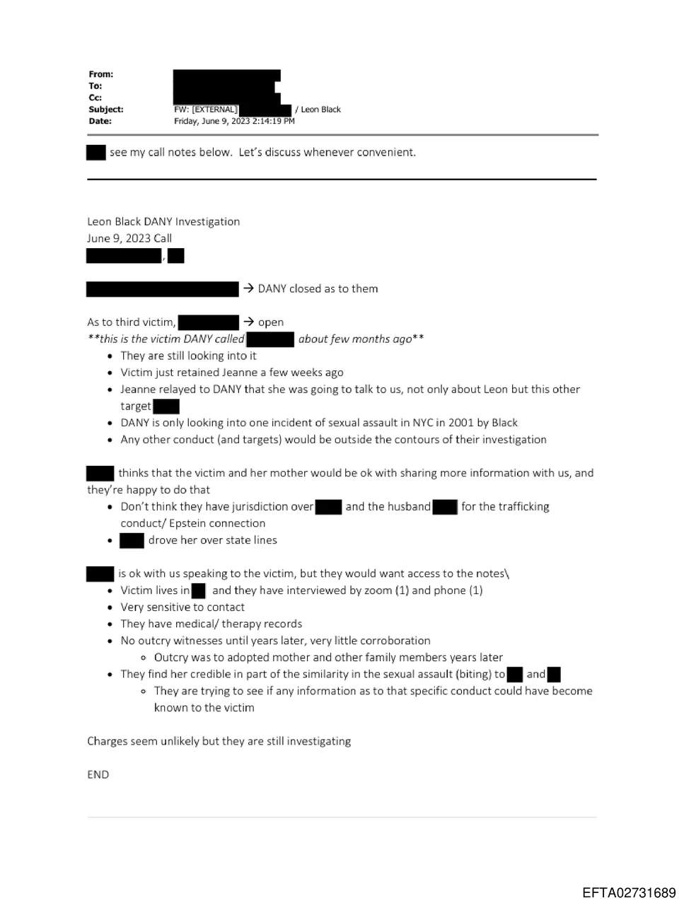 DANY investigation call notes on Leon Black showing victim found credible but charges unlikely