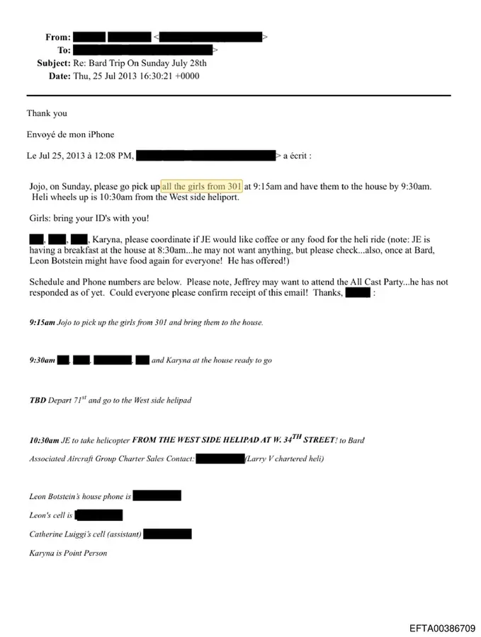 July 2013 Bard itinerary with instruction to pick up girls from 301 before Epstein's helicopter trip