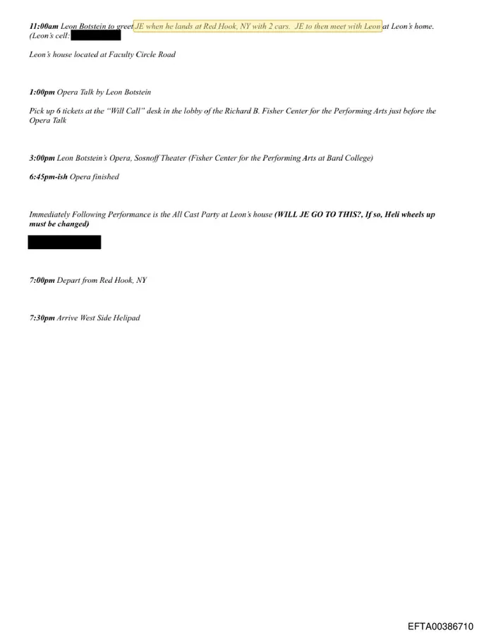 July 2013 Bard itinerary saying Leon Botstein would greet Jeffrey Epstein at Red Hook