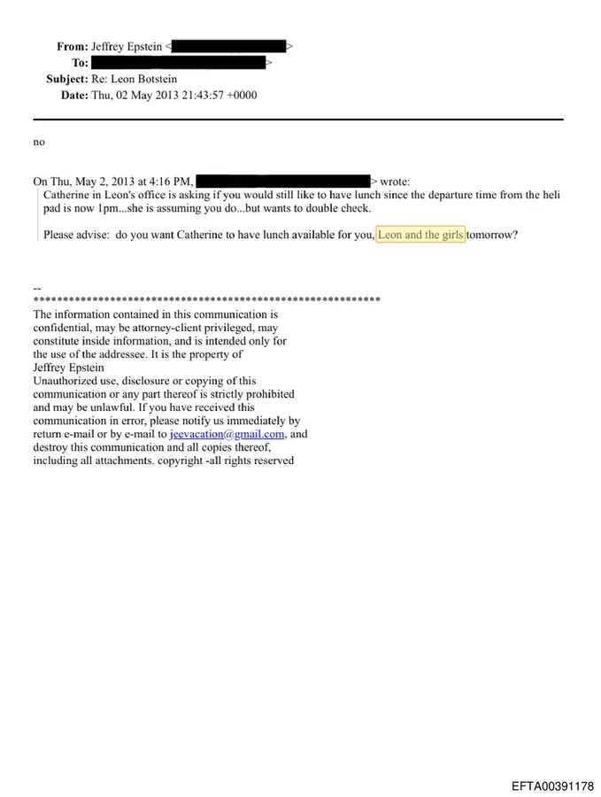 May 2013 email asking whether lunch should be available for Jeffrey Epstein, Leon, and the girls