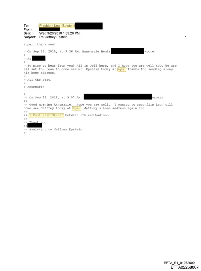 September 2018 email confirming a Leon Botstein meeting with Jeffrey Epstein at 9 East 71st Street