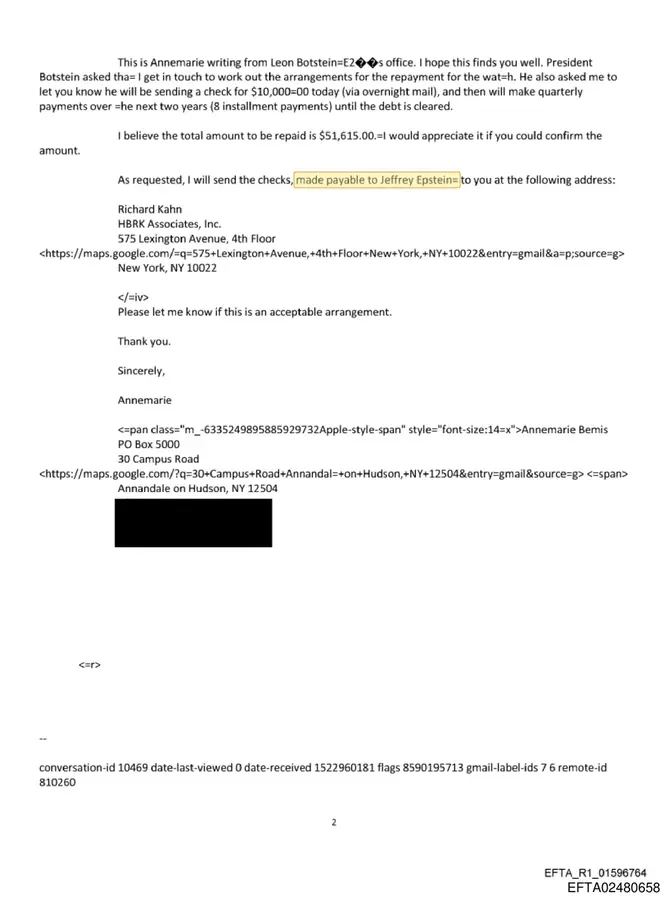 Email from Leon Botstein's office stating checks for a watch repayment would be made payable to Jeffrey Epstein