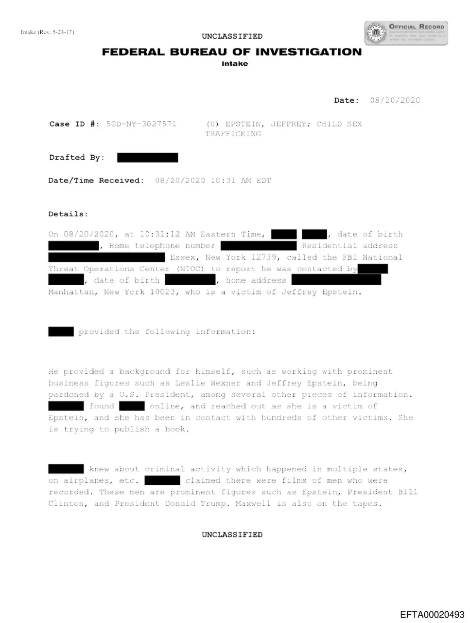 EFTA00020493 — FBI intake form naming Wexner