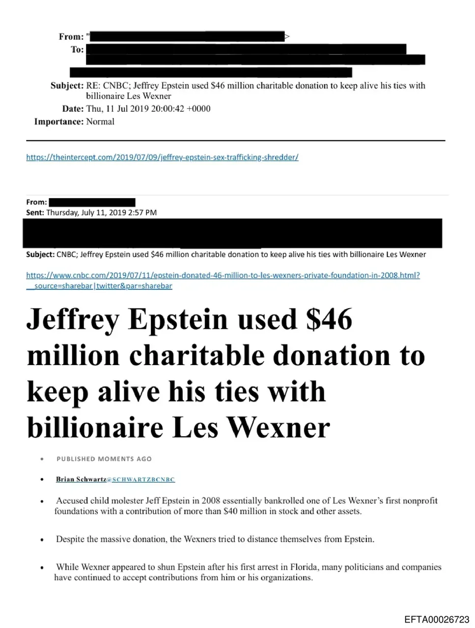 Document detailing $46 million charitable transfer between Jeffrey Epstein and Les Wexner's foundation