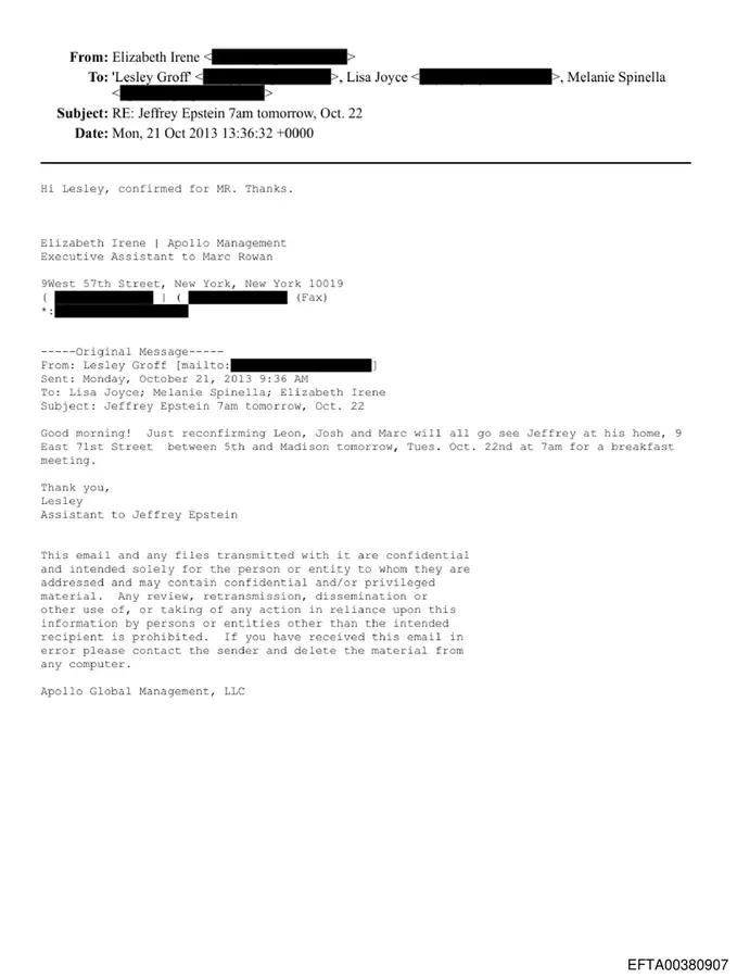 October 21, 2013 email confirming that Leon Black, Josh, and Marc Rowan would go to Jeffrey Epstein's home for breakfast the next morning