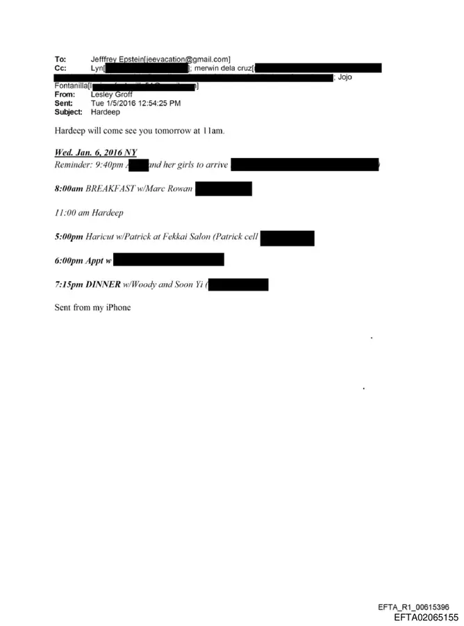 January 5, 2016 daily schedule for Jeffrey Epstein listing breakfast with Marc Rowan at 8:00am on January 6, 2016