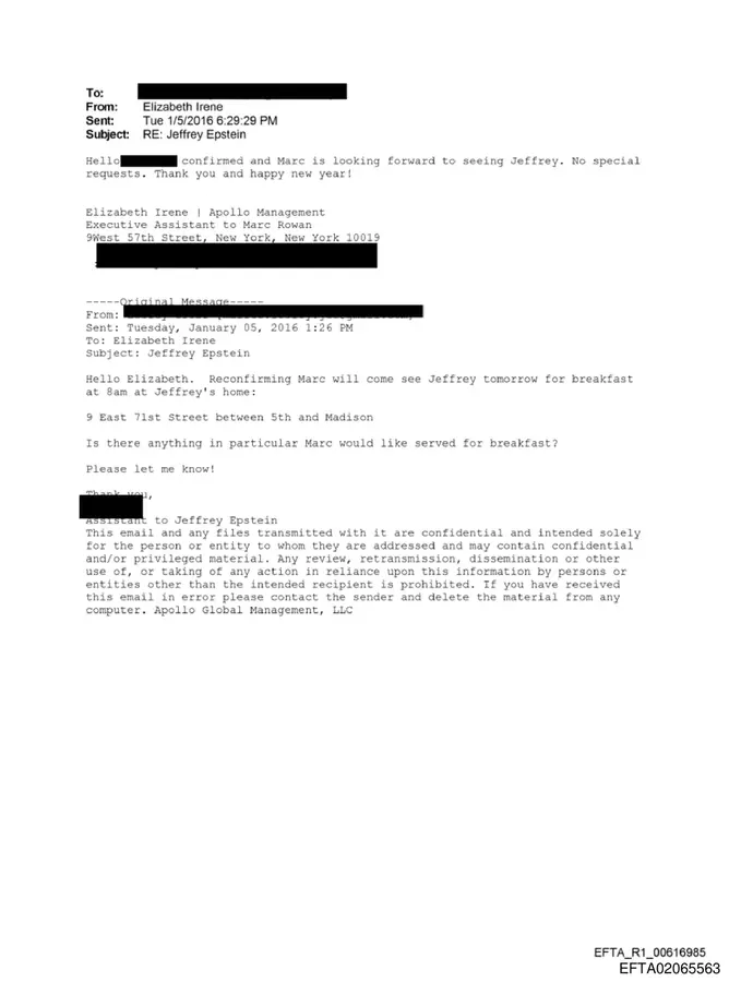 January 5, 2016 email reconfirming that Marc Rowan will come see Jeffrey Epstein the next morning for breakfast at 8 am