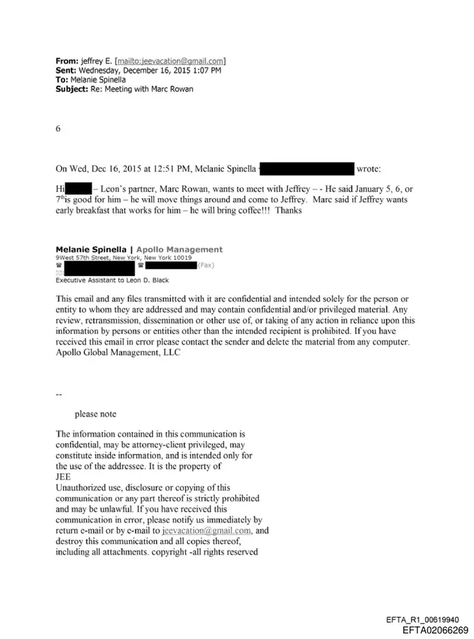 December 16, 2015 email from Leon Black's assistant stating Marc Rowan wants to meet Jeffrey Epstein and will move things around to come to him