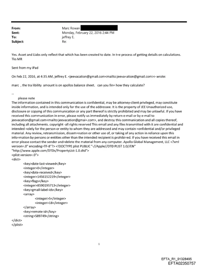 February 22, 2016 email in which Jeffrey Epstein asks Marc Rowan about the liability amount on Apollo's balance sheet and Rowan says he is getting calculation details