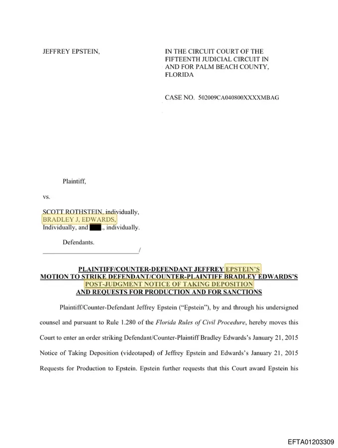 DOJ-preserved Florida motion by Jeffrey Epstein seeking to strike Bradley J Edwards post-judgment deposition notice