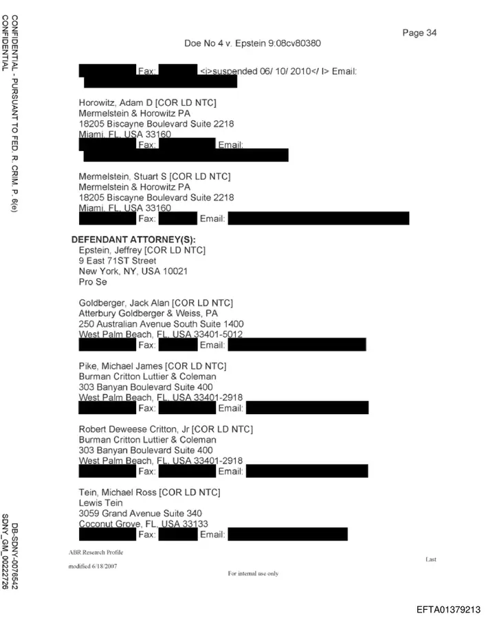 DOJ-preserved page from Doe No. 4 v. Epstein listing defense attorneys including Jack Goldberger and Robert Deweese Critton Jr