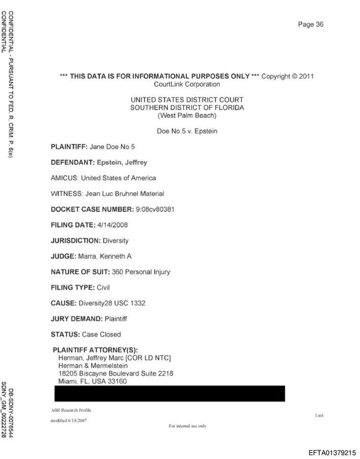 DOJ-preserved docket page for Doe No. 5 v. Epstein filed in the Southern District of Florida