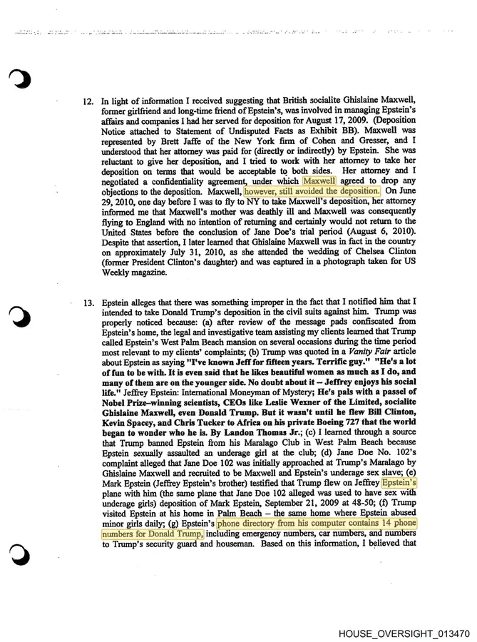 Oversight document recording Maxwell's deposition avoidance, Trump's 14 phone numbers in Epstein's directory, and Mark Epstein's flight testimony