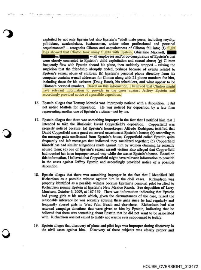 Edwards filing detailing deposition notices for Dershowitz and Clinton with flight log evidence