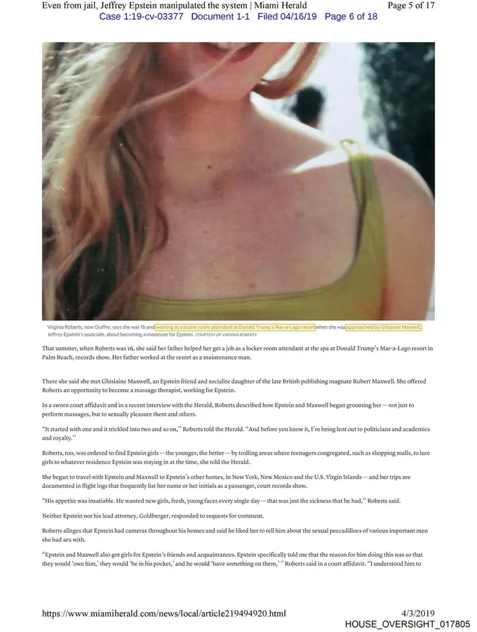 Virginia Giuffre account: recruited at age 16 by Maxwell while working at Trump's Mar-a-Lago resort