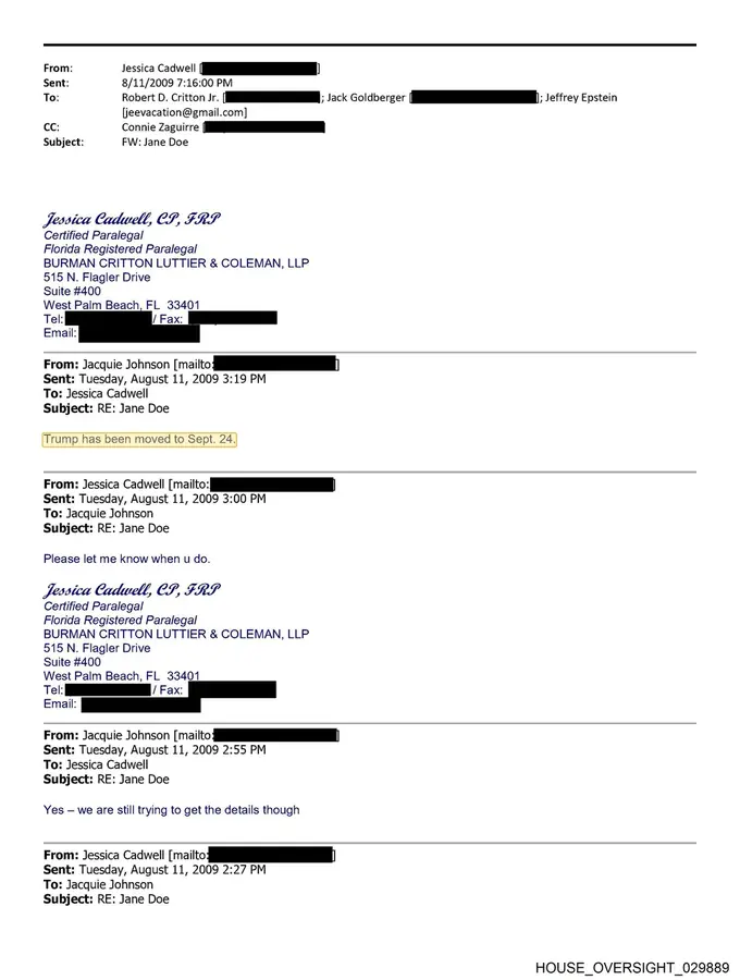 House Oversight follow-up email from August 11, 2009 stating Trump has been moved to September 24