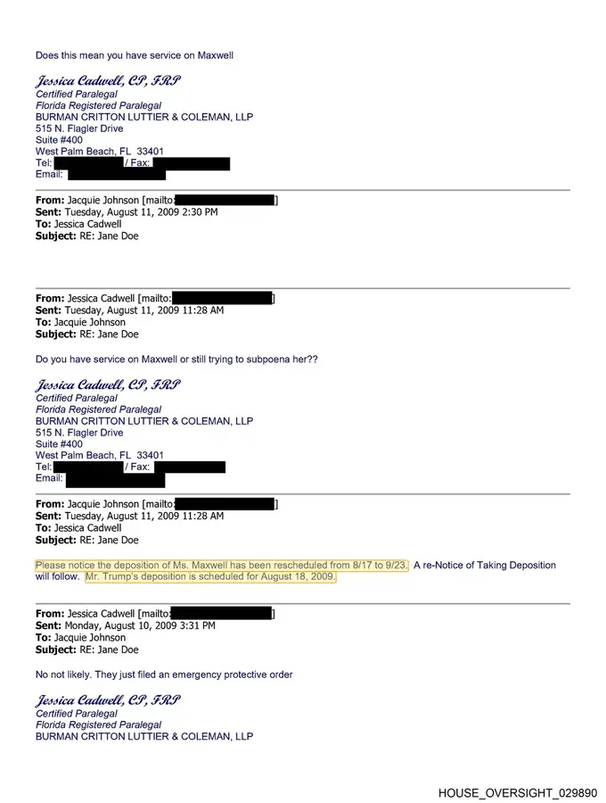House Oversight email chain from August 11, 2009 scheduling depositions for Maxwell and Trump in a Jane Doe matter
