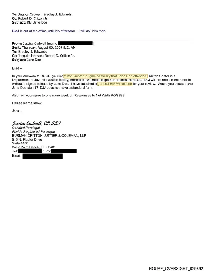 Paralegal email requesting HIPAA release for Jane Doe juvenile records from Department of Juvenile Justice