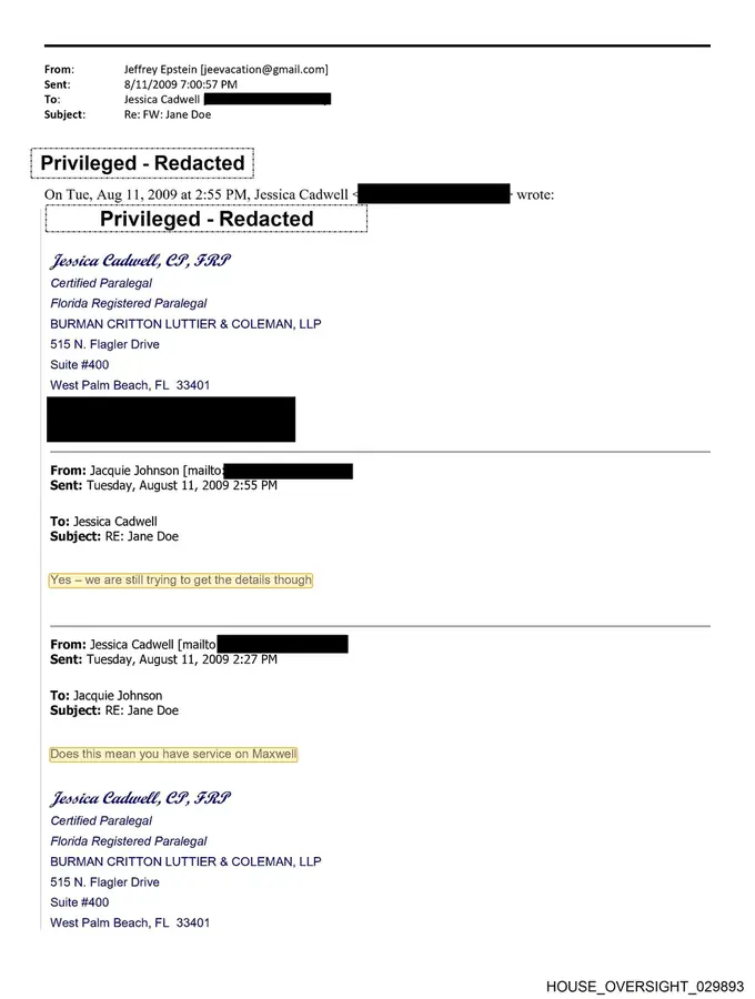 House Oversight forwarded email asking whether Maxwell had been served, sent to Epstein