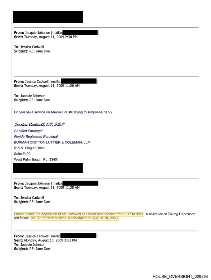 Parallel House Oversight capture of the deposition scheduling chain confirming Trump and Maxwell dates