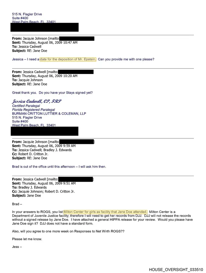 Law firm email scheduling Epstein's deposition and requesting HIPAA releases for Milton Center for Girls juvenile records