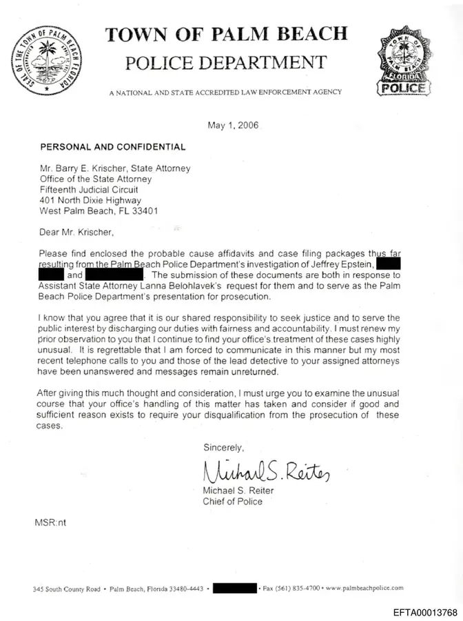 Palm Beach Police Chief Michael Reiter's confidential letter to State Attorney Barry Krischer, May 2006