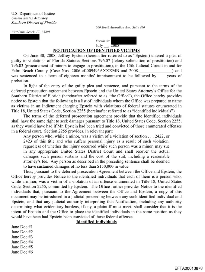 DOJ victim notification letter sent to Jane Does #1-6 after Epstein's plea, June 2008