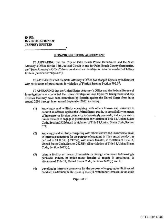 First page of the Non-Prosecution Agreement between Epstein and the U.S. Attorney's Office, October 2007