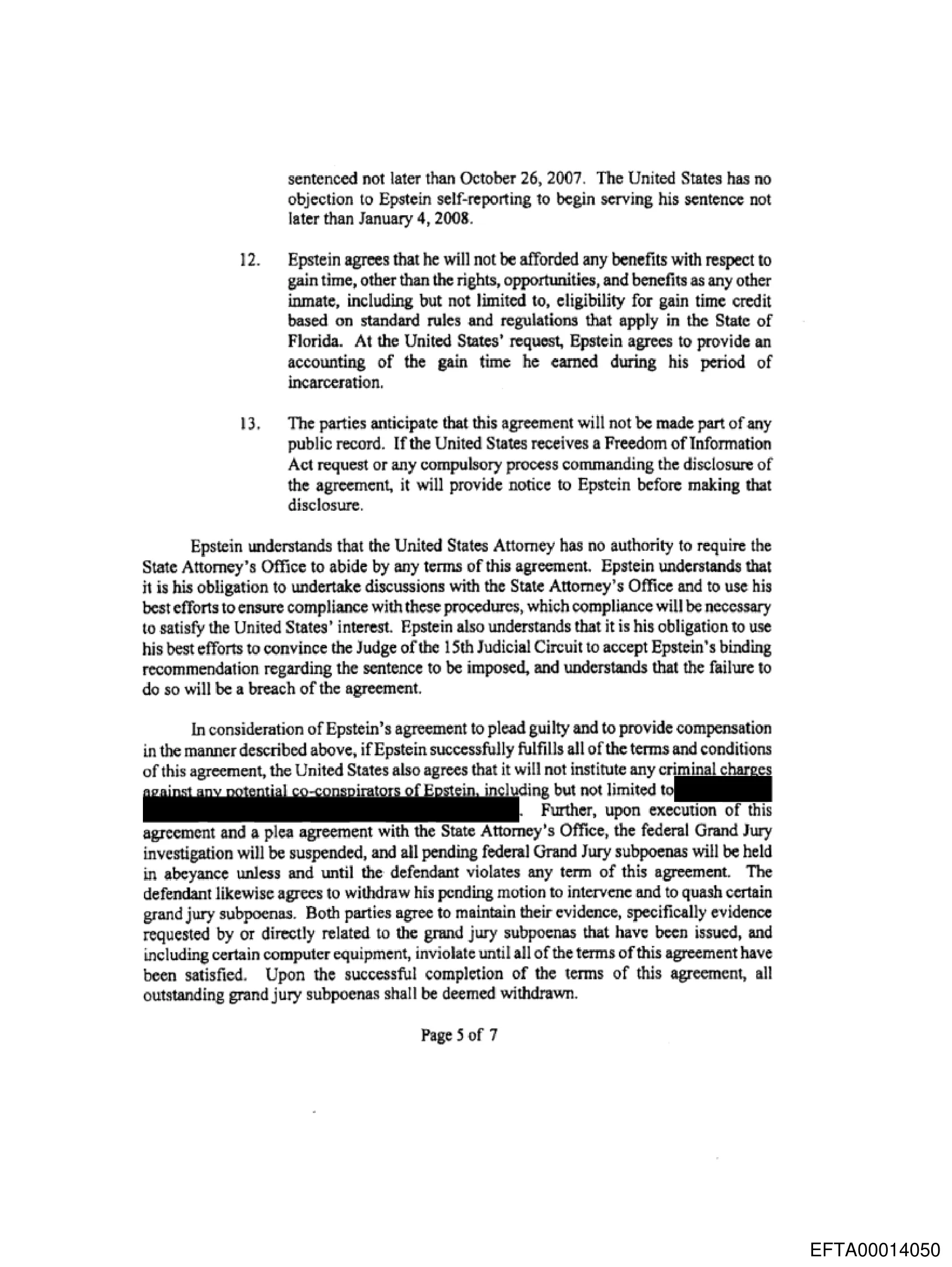 Signature page of the Non-Prosecution Agreement signed by Epstein and U.S. Attorney Acosta.