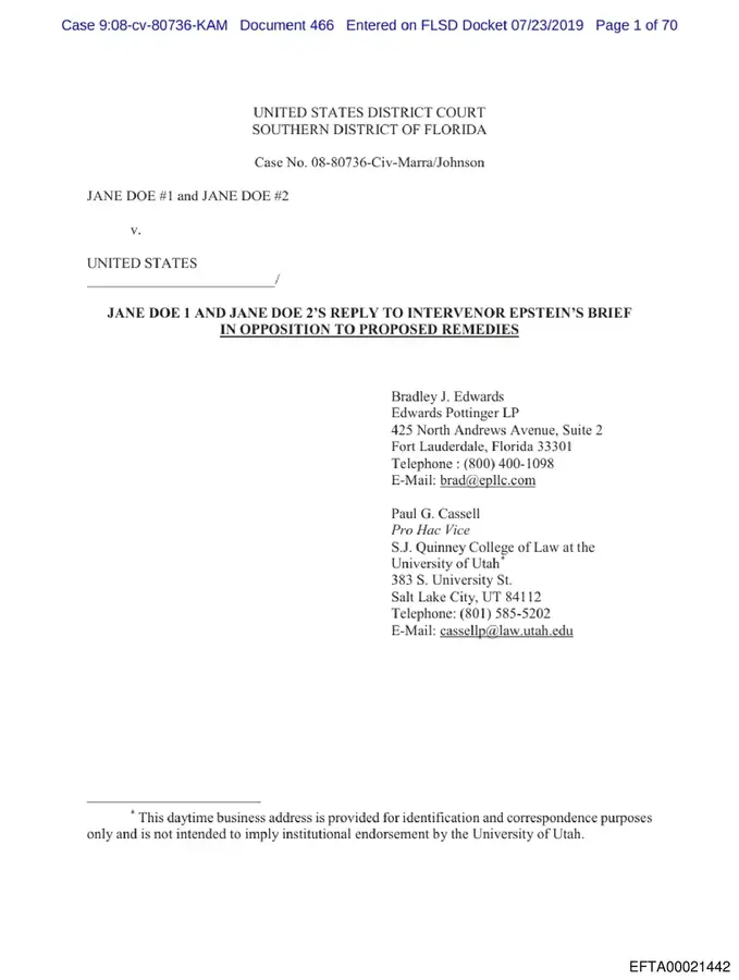Victims' legal brief alleging CVRA violations in the Epstein NPA